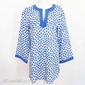 Rebecca Moses Polka Dot Tunic M Blouse Blue Cotton Silk Beach Resortwear Coastal